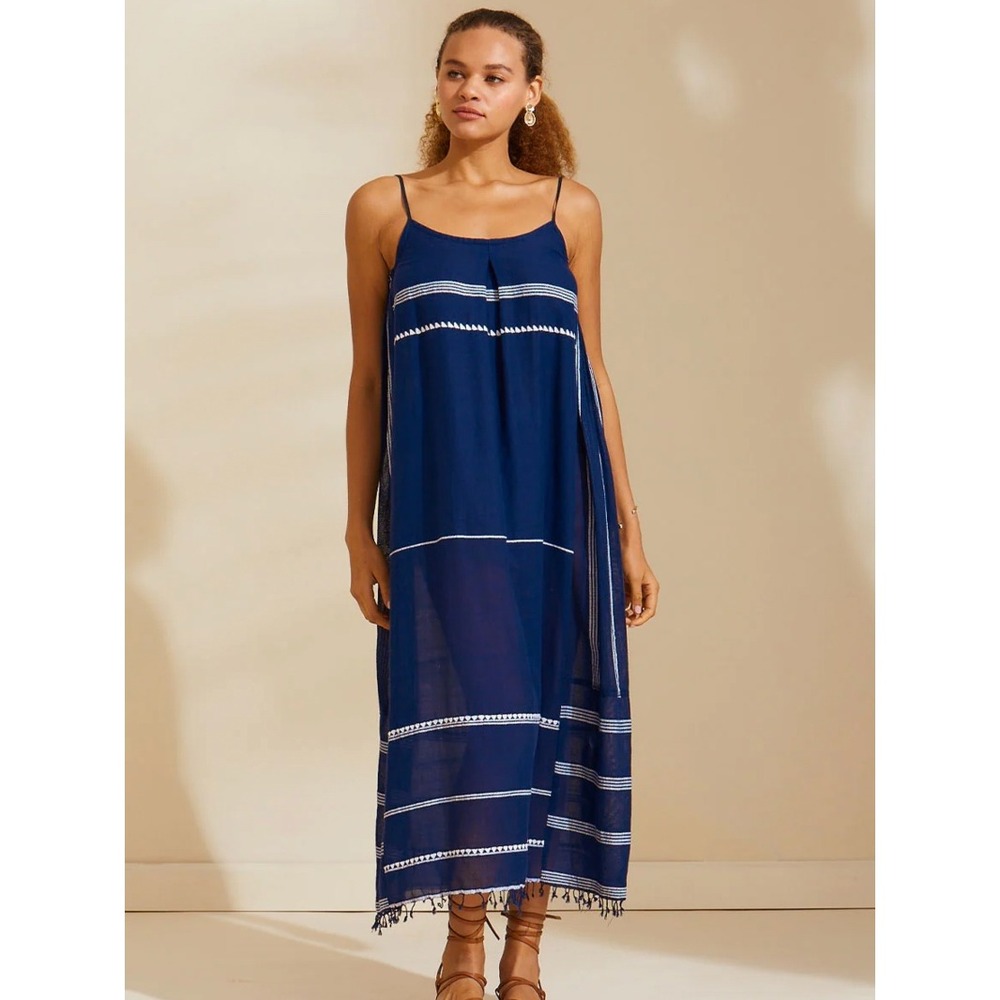 LemLem Women Nia Slip Dress Small Blue Hand‎ Woven Nunu Navy Boho Oversize